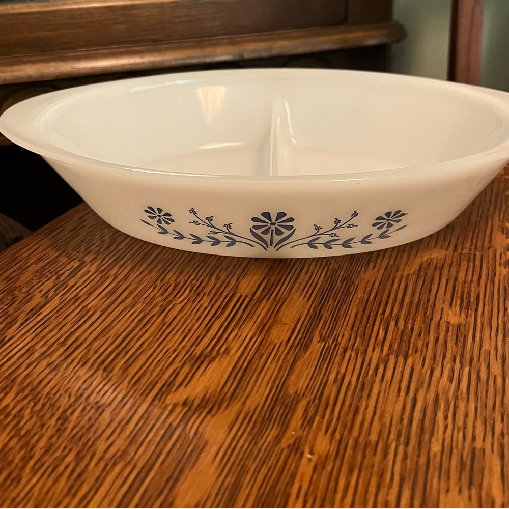 Vintage Glasbake Blue Daisy White Divided Dish with Blue Floral Design
